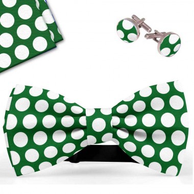 Set papion barbati, batista, butoni, verde, buline albe, mari